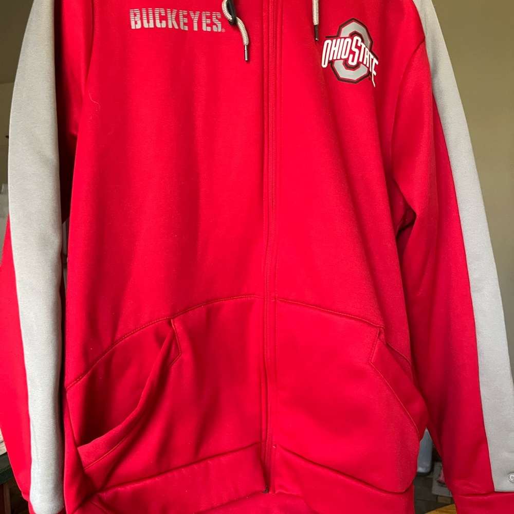 Ohio State Mens Red Hooded Jacket with Gray Sleeves Size Lg
